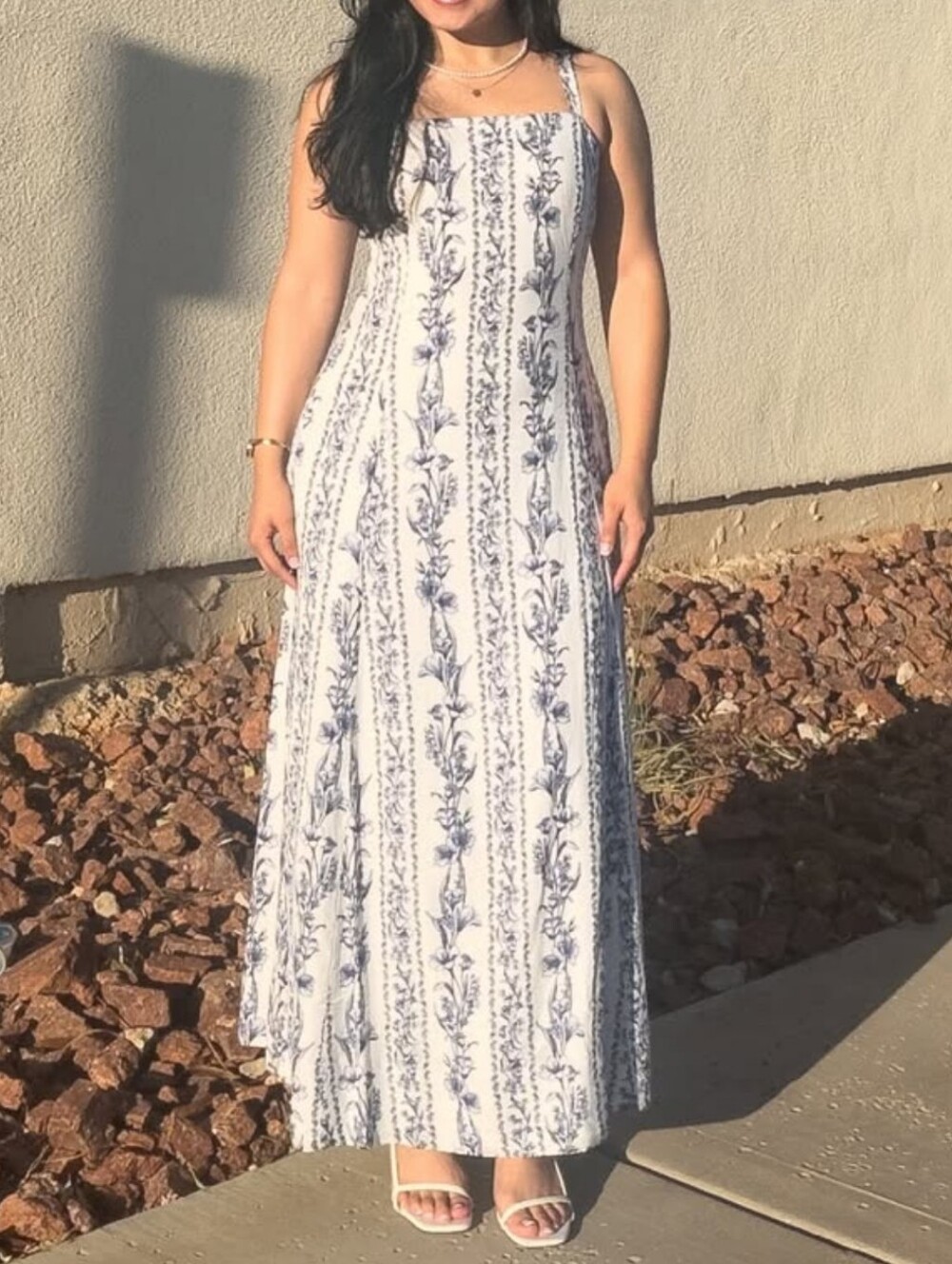 1.State Size S White Blue Floral Patterned Linen Maxi Dress